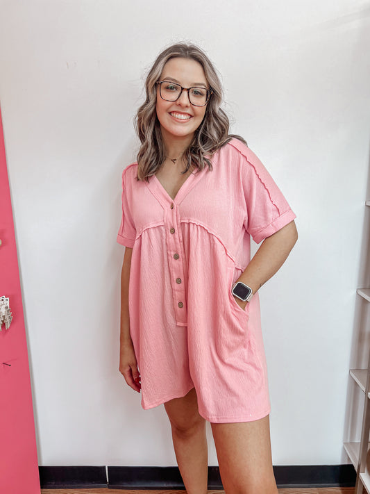 Button up candy pink romper S-3X