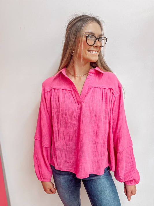 Pink gauze collared top S-3X